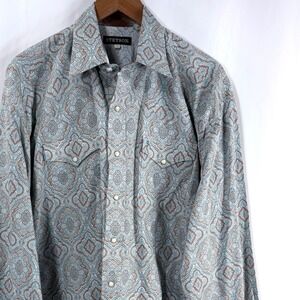 Stetson Western Snap Shirt Blue Brown Paisley Medallion Pearl Snap Mens L (XL)